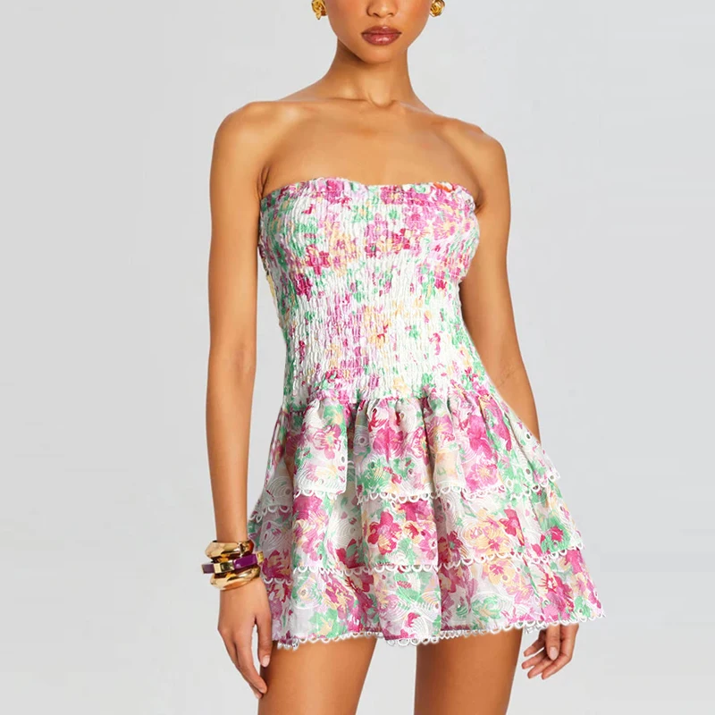 Primavera Verano 2024  vestido con estampado floral con dobladillo con volantes cintura elástica sin tirantes estilo past...