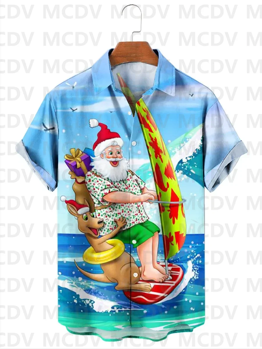 Men's Hawaiian Shirts Christmas Santa Surfing Short Sleeve Casual Shirt
