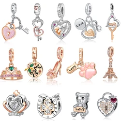 Boutique Rose Gold Tower & Four-Leaf Clover & Love Lock Key Dangle Charm Fits Brand Bracelet Girl 925 Sterling Silver Pendant
