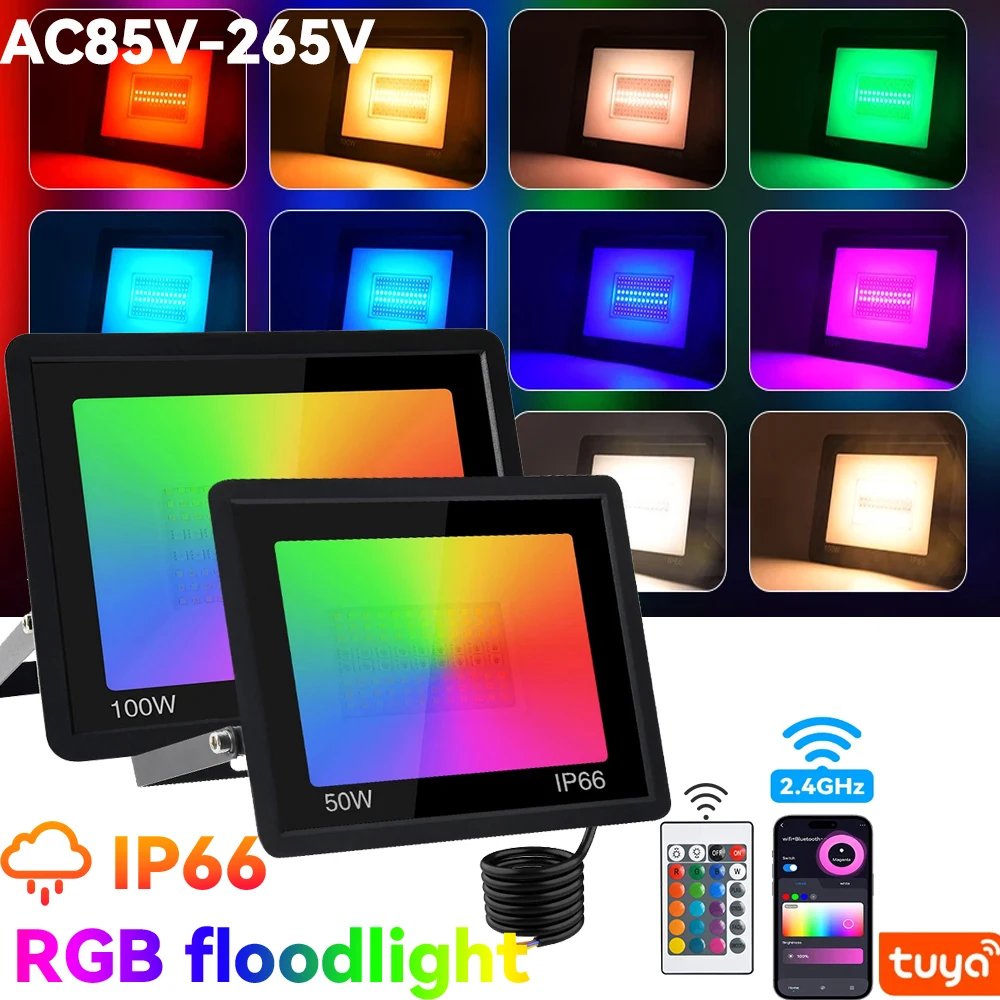 

RGB прожектор водонепроницаемый IP66 открытый/внутренний Tuya APP/дистанционное управление 100 Вт/50 Вт прожектор AC85V-220V Garden Party Deco Lighting