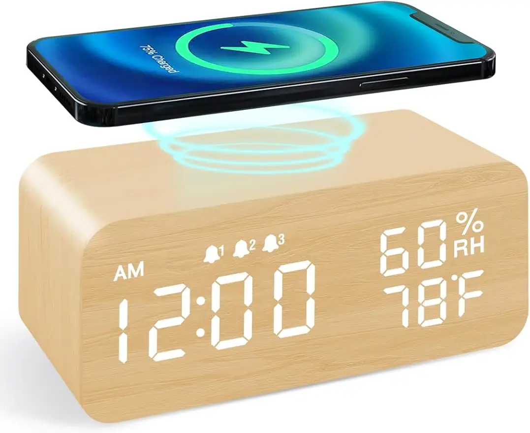 

Wooden Digital Alarm Clock with Wireless Charging, 3 Alarms LED Display, Sound Control and Snooze Dual for Bedroom, Bedside