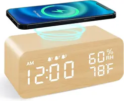 Wooden Digital Alarm Clock with Wireless Charging, 3 Alarms LED Display, Sound Control and Snooze Dual for Bedroom, Bedside
