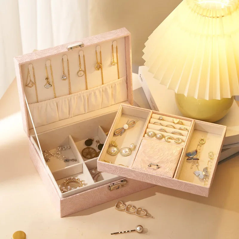 

1pc Double Layered Leather Jewelry Box, Jewelry Storage Box, Multi Capacity Necklace Storage Box, Detachable Partition