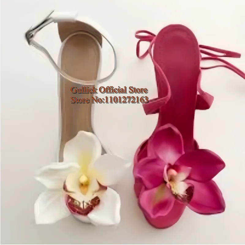 

Orchid Flower High Heel Sandals Open Toe Cross Strap Pink Black Leather PU Thin Heels Summer Footwear Big Size 45