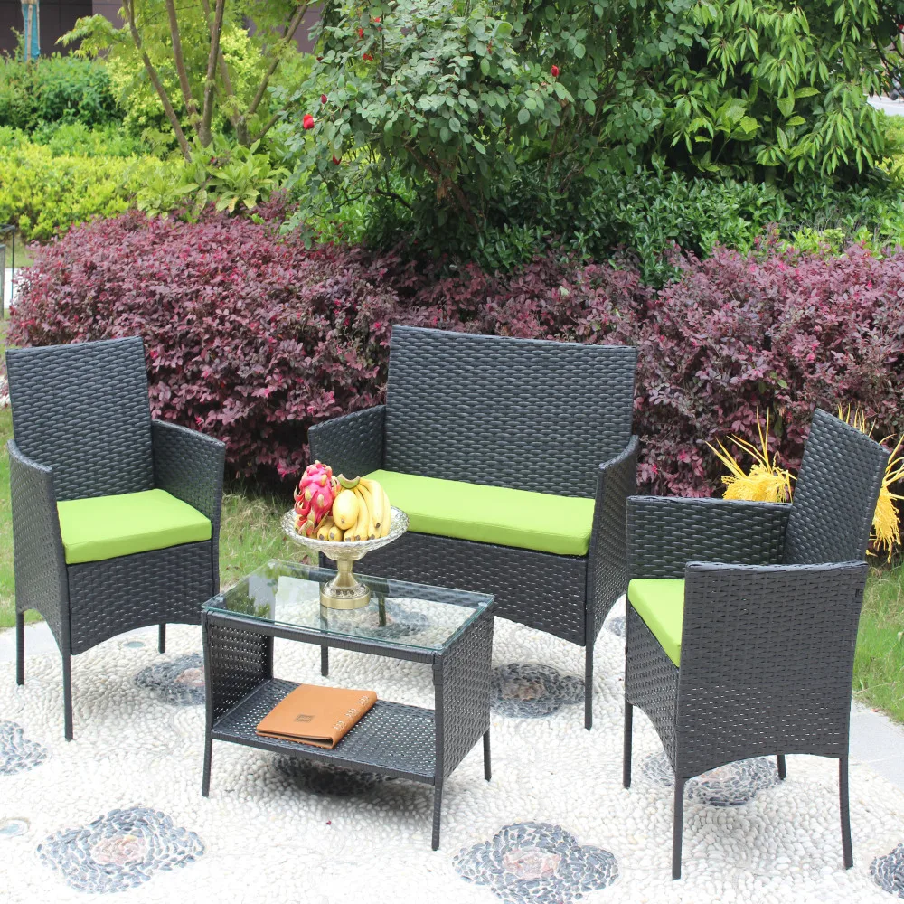 

4 PC Rattan Patio Furniture Set Outdoor Patio Cushioned Seat Wicker Sofa (green Cushion) outside furniture outdoor- sofa