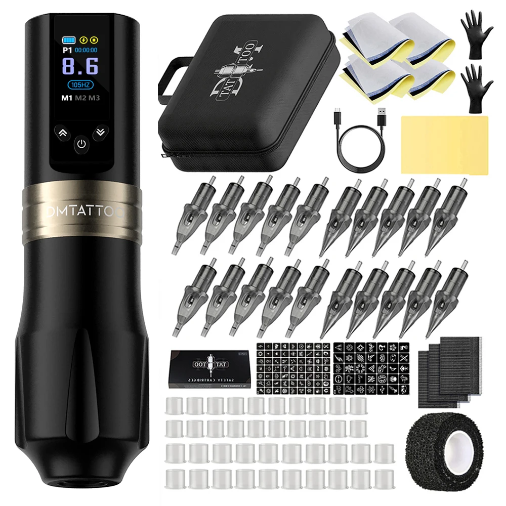 

DM Cesar Wireless Tattoo Machine Kit Stroke 3.5mm 1800mAh Battery Tattoo Ink 20 Pieces Tattoo Needle Box Suitable for Beginners