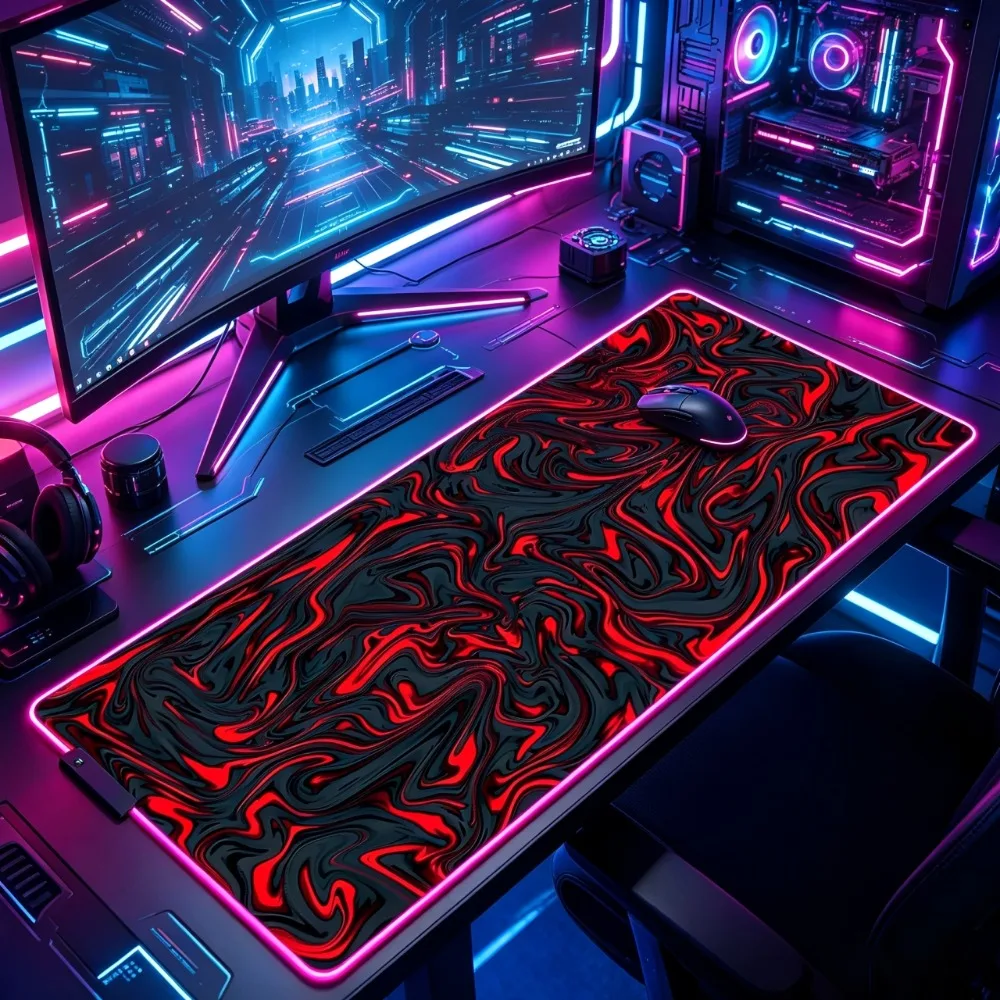

RGB Gaming Mouse Pad Red Black Swirl Texture, Large LED Backlit Desk Mat for Gamer, Non-Slip Smooth Surface Keyboard Mousepad