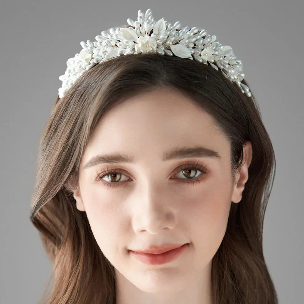 Floralbride Handmade Luxury Rhinestone Crystal Pearls Soft Clay Flower Bridal Tiara Wedding Bridesmaids Crown Women Hair Jewelry