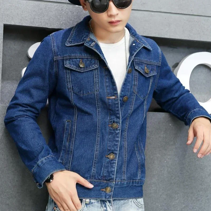 Button Light Men's Denim Jacket Casual Slim Male Jean Coats Autumn Blue Short Outwear Aesthetic Low Price Japanese Washed Cost G