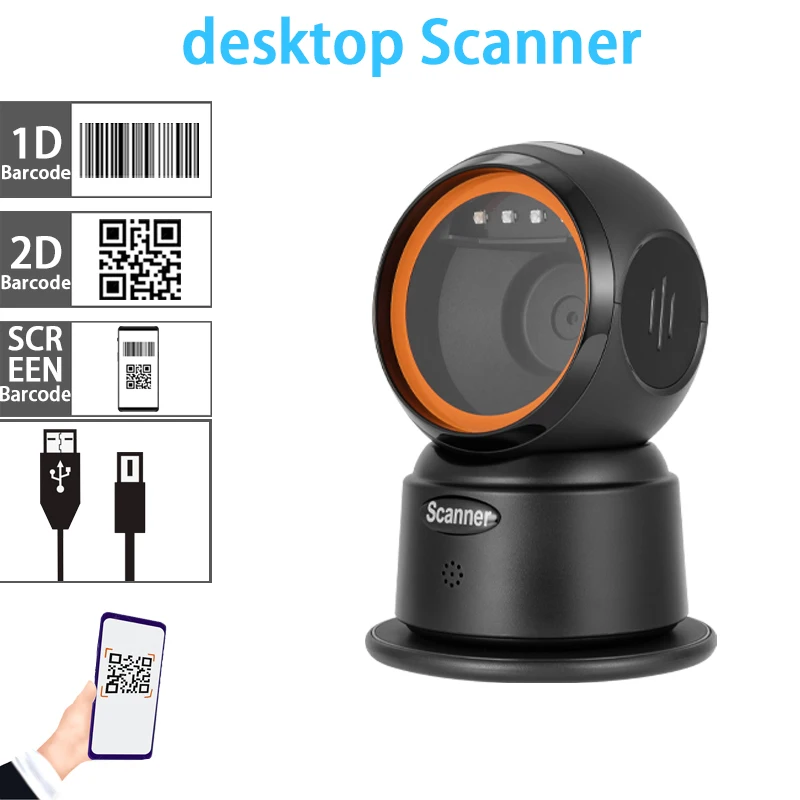 Omnidirection 2D Desktop Barcode Scanner Read 1D 2D Qr Code Support for Supermarket Store