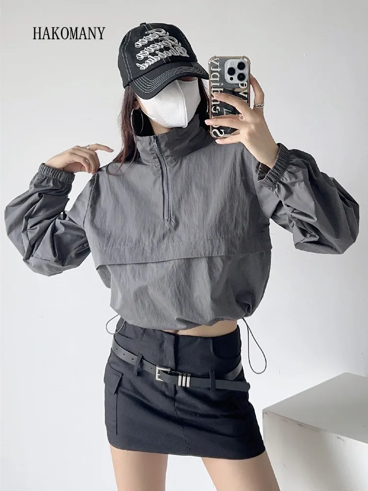 

2023 Women Drawstring Rope Hem Cropped Short Casual Jumper Short Sweats Gray Autumn Harajuku Zipper Lapel Pullovers Sweatshirt