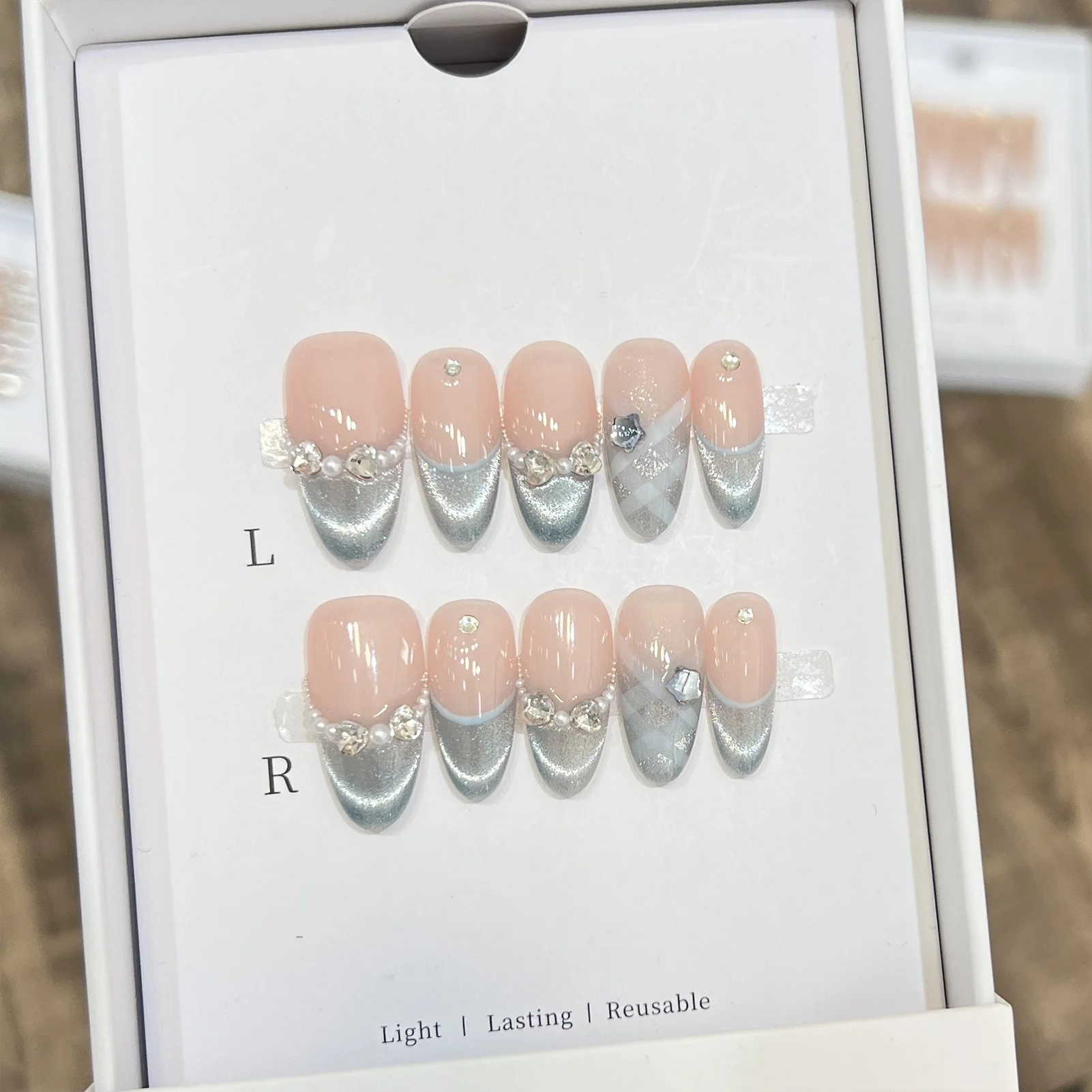 10 Uds. De uñas postizas con lazo francés de ojo de gato y almendra, uñas postizas de resina con diseño de borde de falda para fiesta, boda, manicura DIY