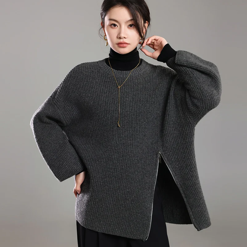 Autumn/Winter New 100% Wool Sweater Casual Knitted Ladies Tops European/American Loose Round Neck Pullover Thick Long  Blouse