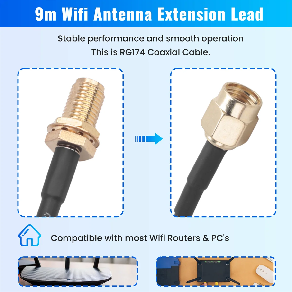 ABGN 9m Meter Wifi Antenna Extension Cable Lead RP-SMA For Wi-Fi Routers