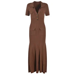 2023 New Summer Short Sleeve Maxi Long Brown Knitted Vinatge Women Dress High Quality