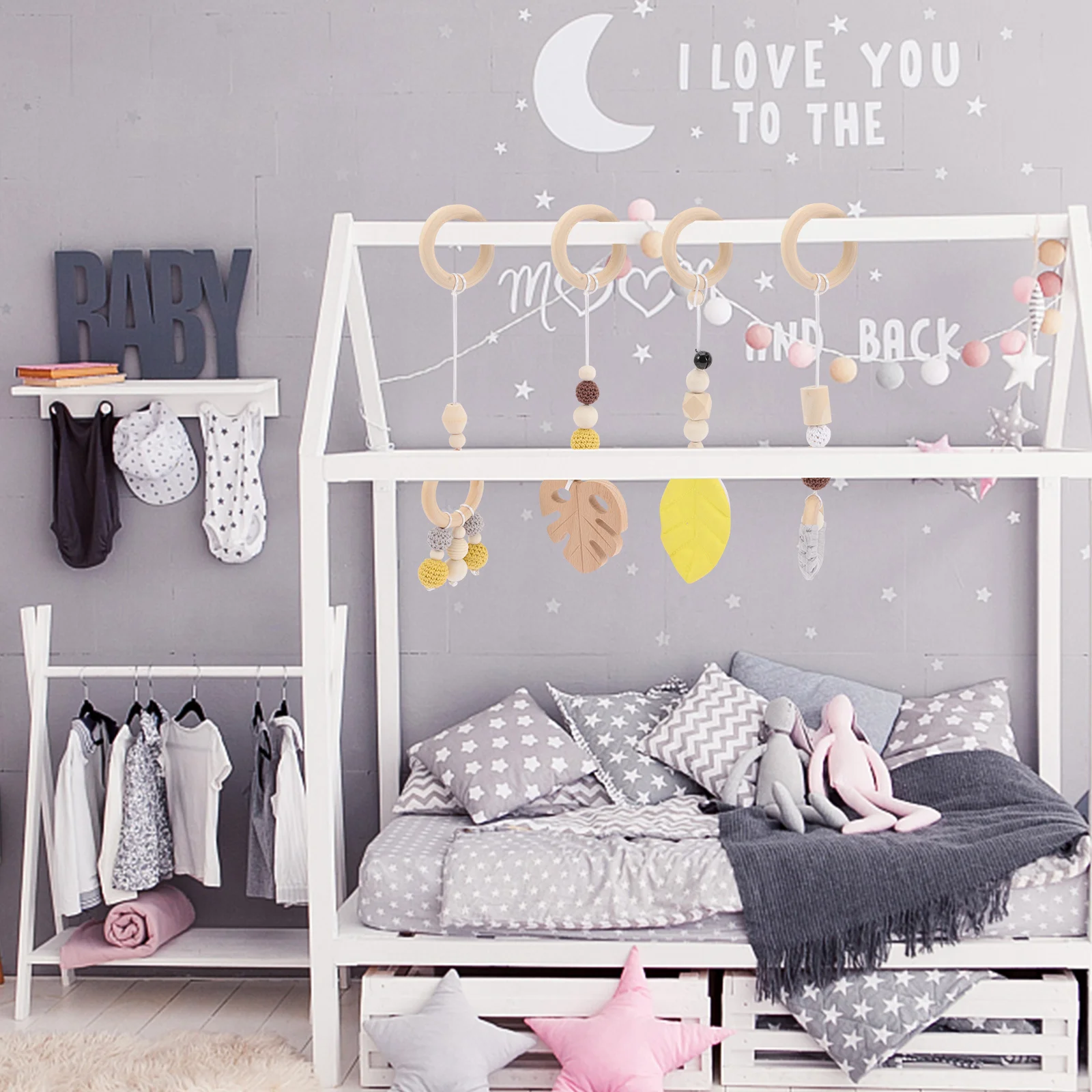 4 pezzi da appendere in legno, passeggino flessibile, carrozzina, centro attività sensoriale educativa, sviluppo delle abilità motorie