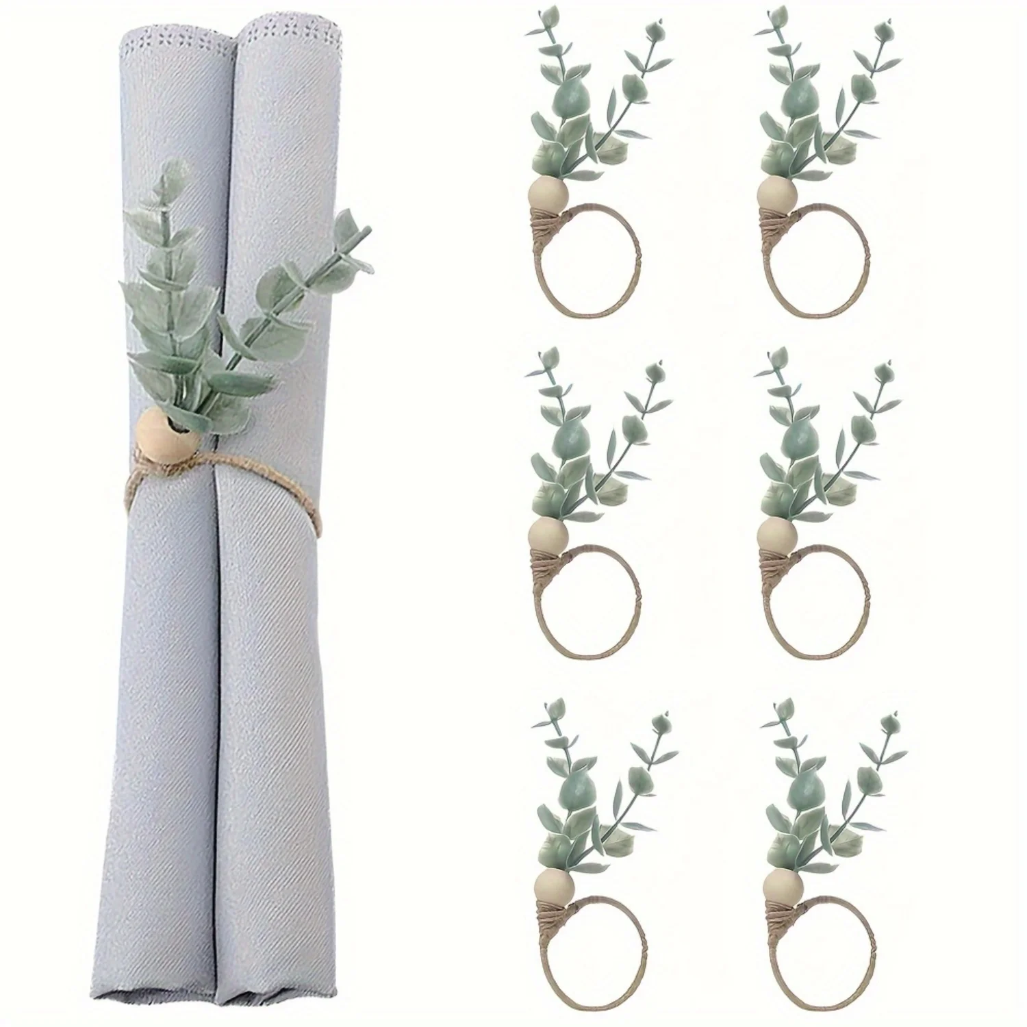 6pcs, Rustic Eucalyptus Wooden Napkin Rings -  Leaf Wood Bead Farmhouse Spring Fall Decor for Family Dining, Banquet, Wedding, E