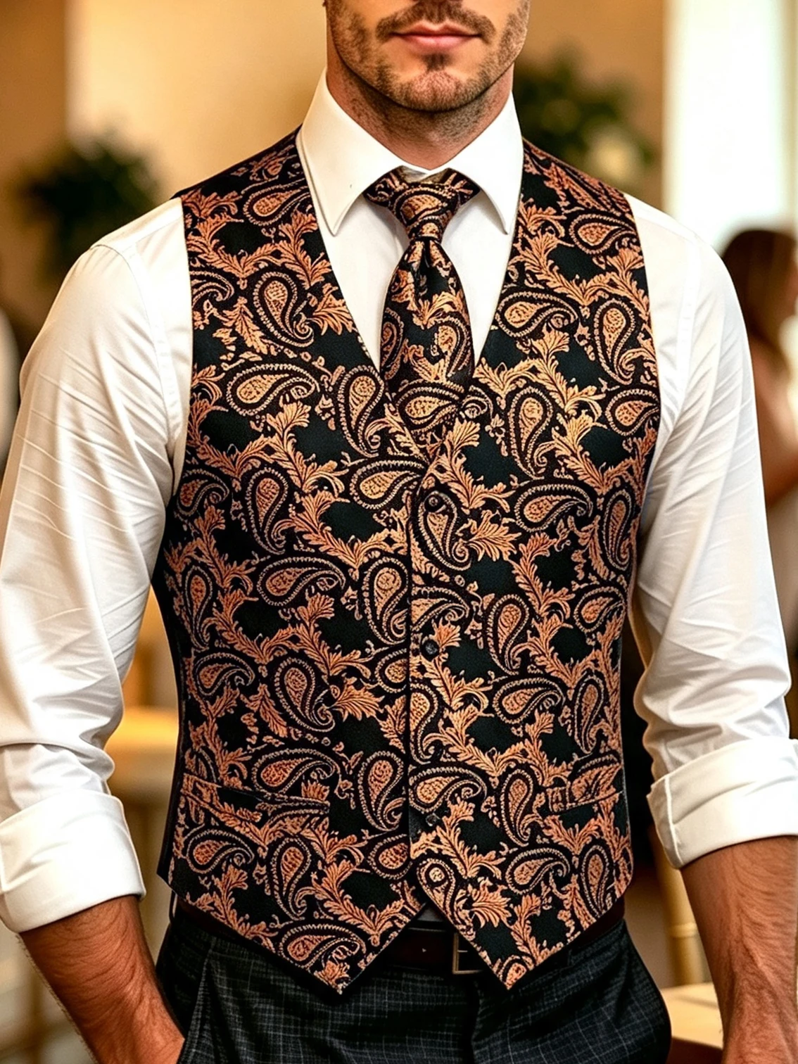 VERVEROW Luxury Men's Brown Paisley Jacquard Suit Vest Tie Pocket Squard Set Formal Wedding Party Tuxedo