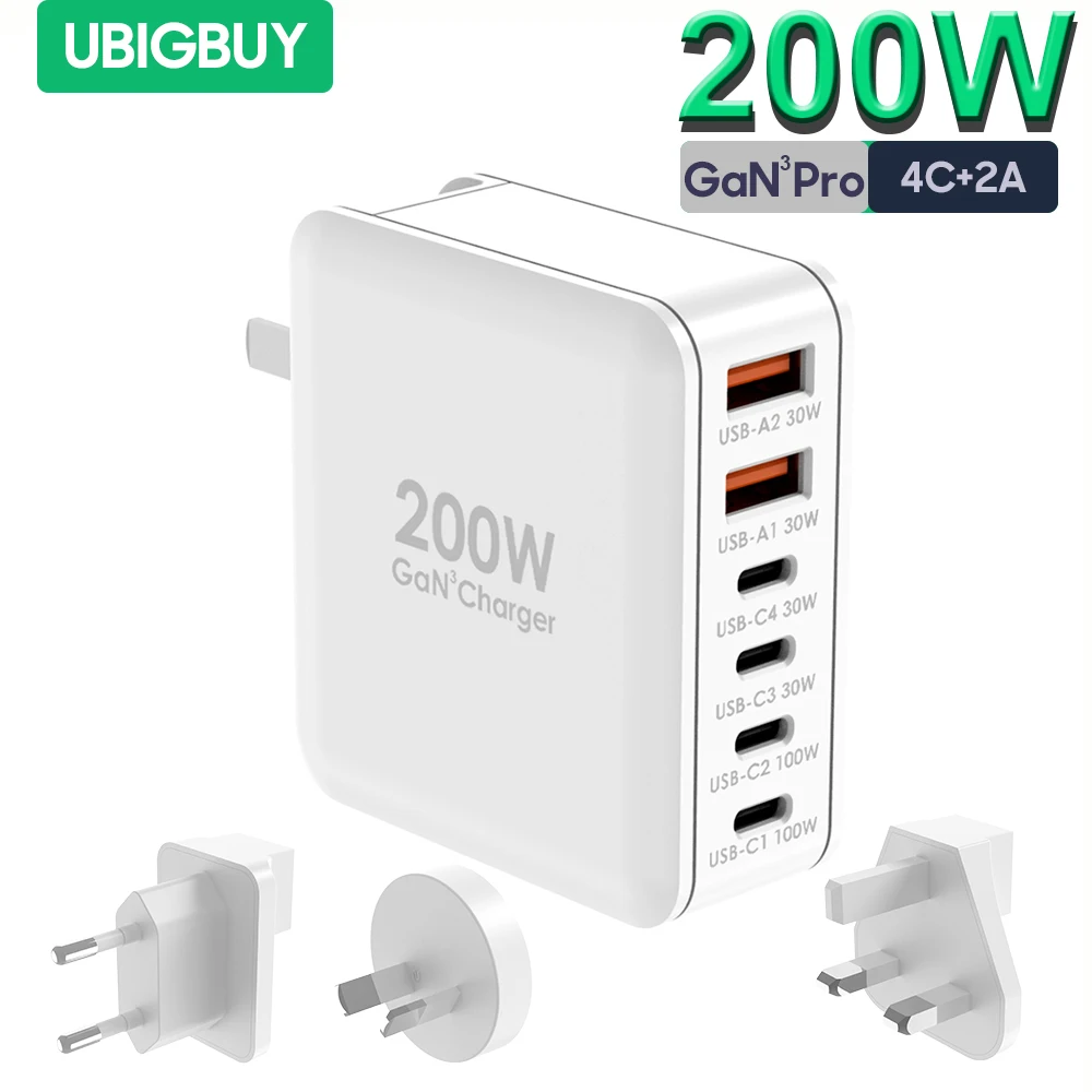 Ubigbuy 200W USB C Wall Charger 6-Port PD 100W PPS45W Travel Adapter GaN Fast Charging Station for Laptop MacBook iPhone Samsung