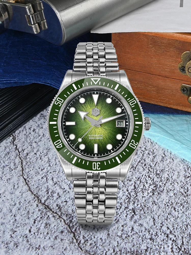 San Martin 40mm 9015 Gradient JianZhan Dial Men Dive Watch 3H Date New 5-Link Bracelet On The Fly Clasp BGW-X1 20Bar SN0148