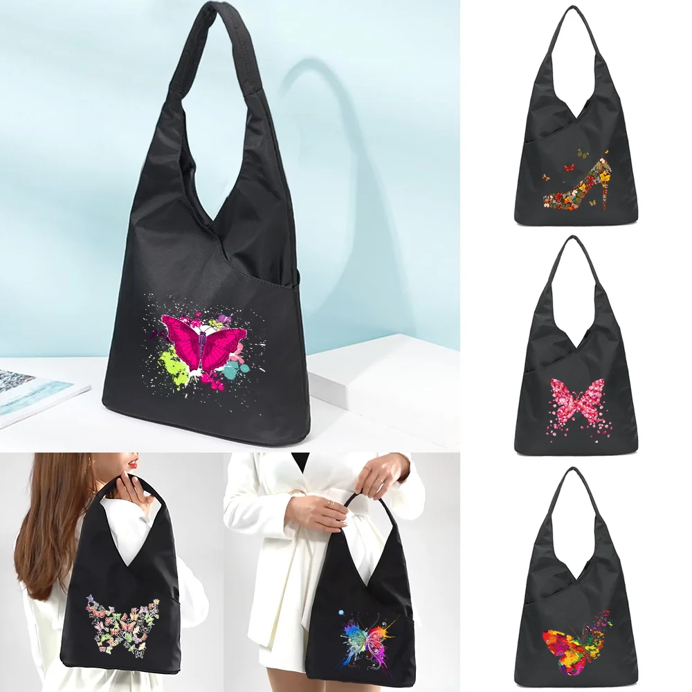 

Butterfly Print Shoulder Bags Foldable Handbag Portable Harajuku Fashion Pockets Pack Tear-Resistant Reusable Tote Bag Eco-Bags