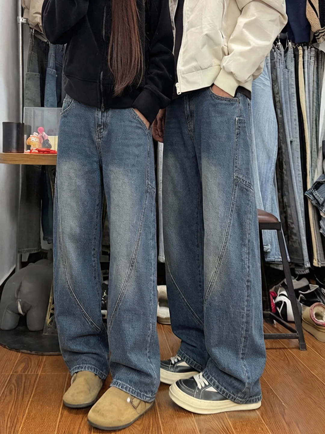 

Retro Blue Diagonal Cut Workwear Jeans Men's American Vibe Waed Straight Leg Wide Leg Pants Casual Loose Fit Jeans