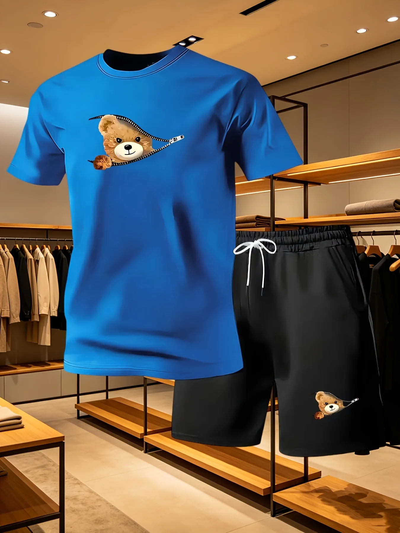 Summer Holiday Essential Men Casual Set Zip Bear Printed Crew Neck Tshirt Loose Beach Shorts Comfort Home Loungewear view 2