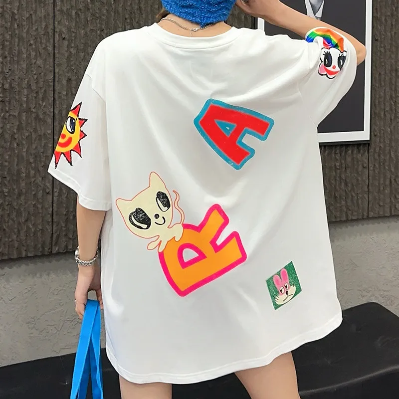 Cartoon Print T-Shirt Women Streetwear 2024 Summer O-Neck Short Sleeve T Shirt Fashion Graffiti Loose Tops Casual Tees Female