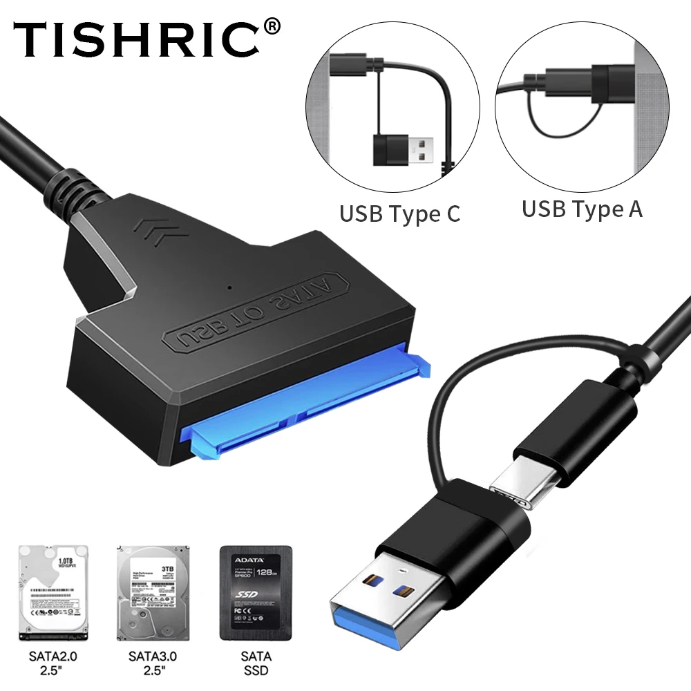 TISHRIC 2 In 1 USB3.0 Type-C/Type-C/USB 3.0 To SATA Cable For 2.5
