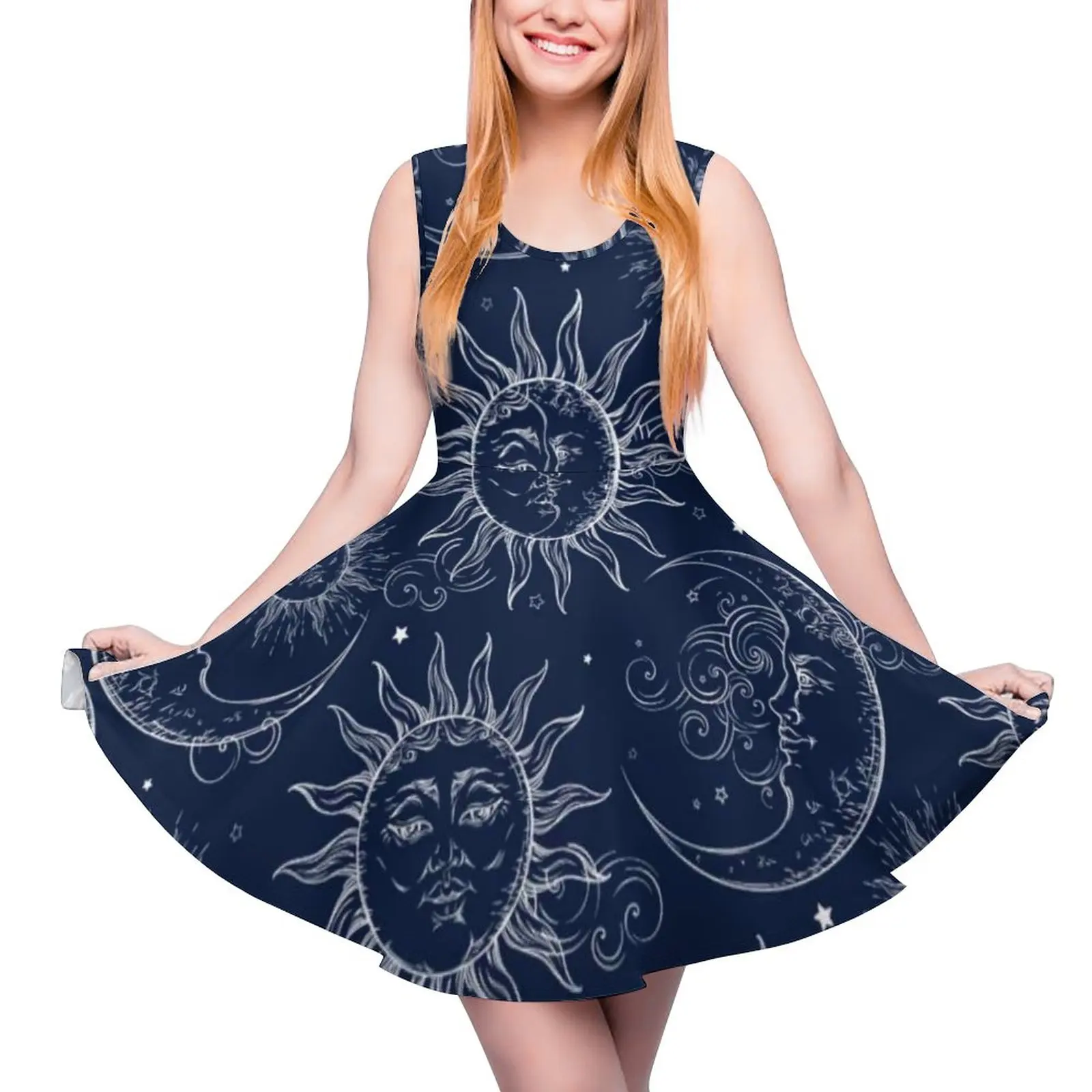 Blue Magic Sun Dress Vintage Celestial Moon Stars Streetwear Dresses Womens Beach Skate Dress Summer Print Vestidos Large Size