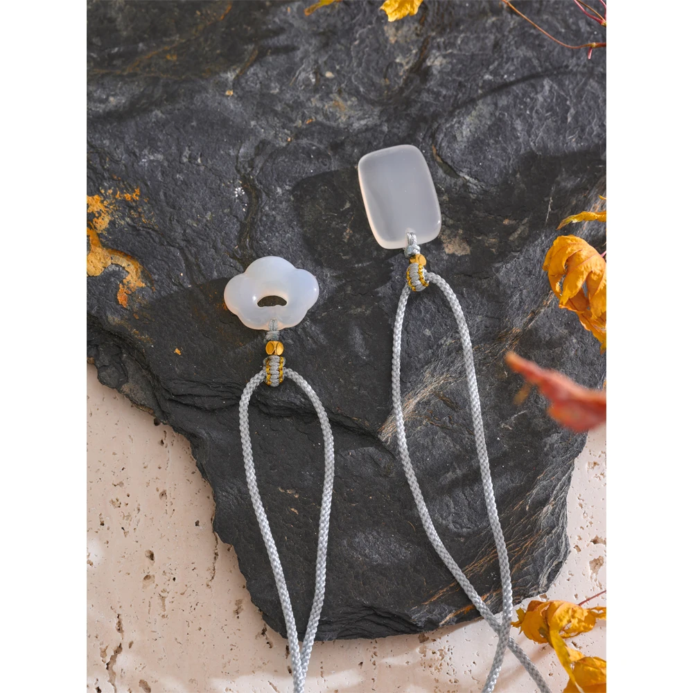 Yhpup Unisex Family Jewelry China Style Lucky Riches Health Wishes Unique Natural Stone Pendant Chalcedony Necklace Men Women