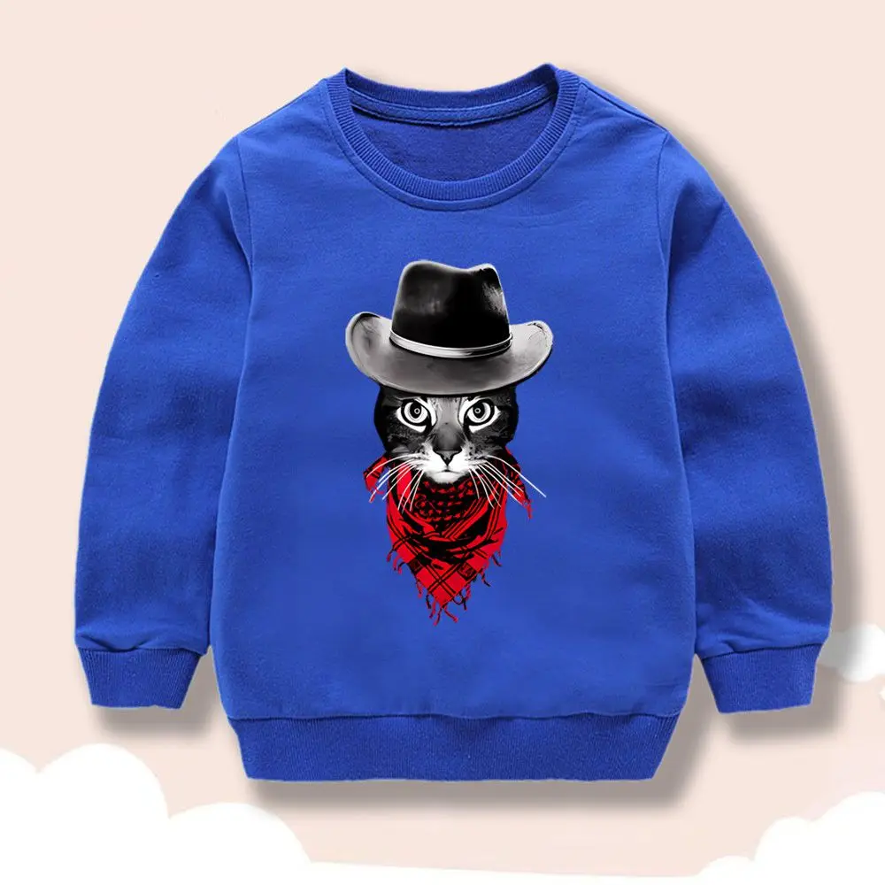 Jungen-Sweatshirt mit Rundhalsausschnitt, cooles Cowboy-Katzen-Motiv im Western-Stil, grafischer Aufdruck, Kinder-Langarm-Pullover, Frühling/Herbst, lässige Oberteile, Größe 1.