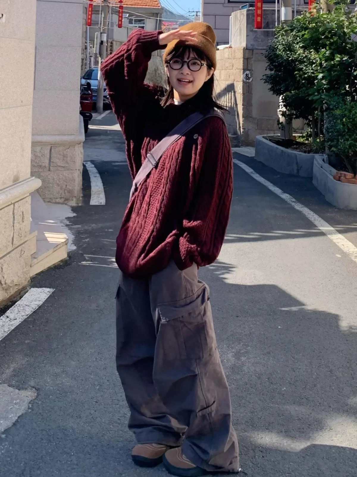 Cappotto maglione lavorato a maglia intrecciato rosso vino giapponese retrò Cappotto sciolto pigro Sle caldo sopra la testa per uomo e donna Autunno Inverno