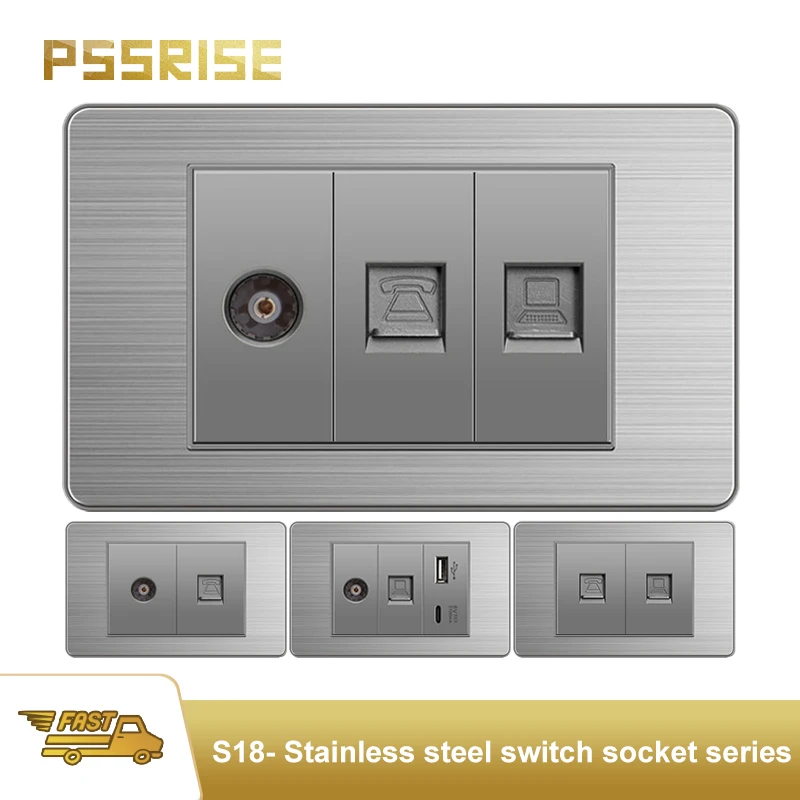 

PSSRISE Grey Brazil Italy American Standard wall socket with 5V 2.1A USB Type-c charger Stainless steel panel computer TV socket