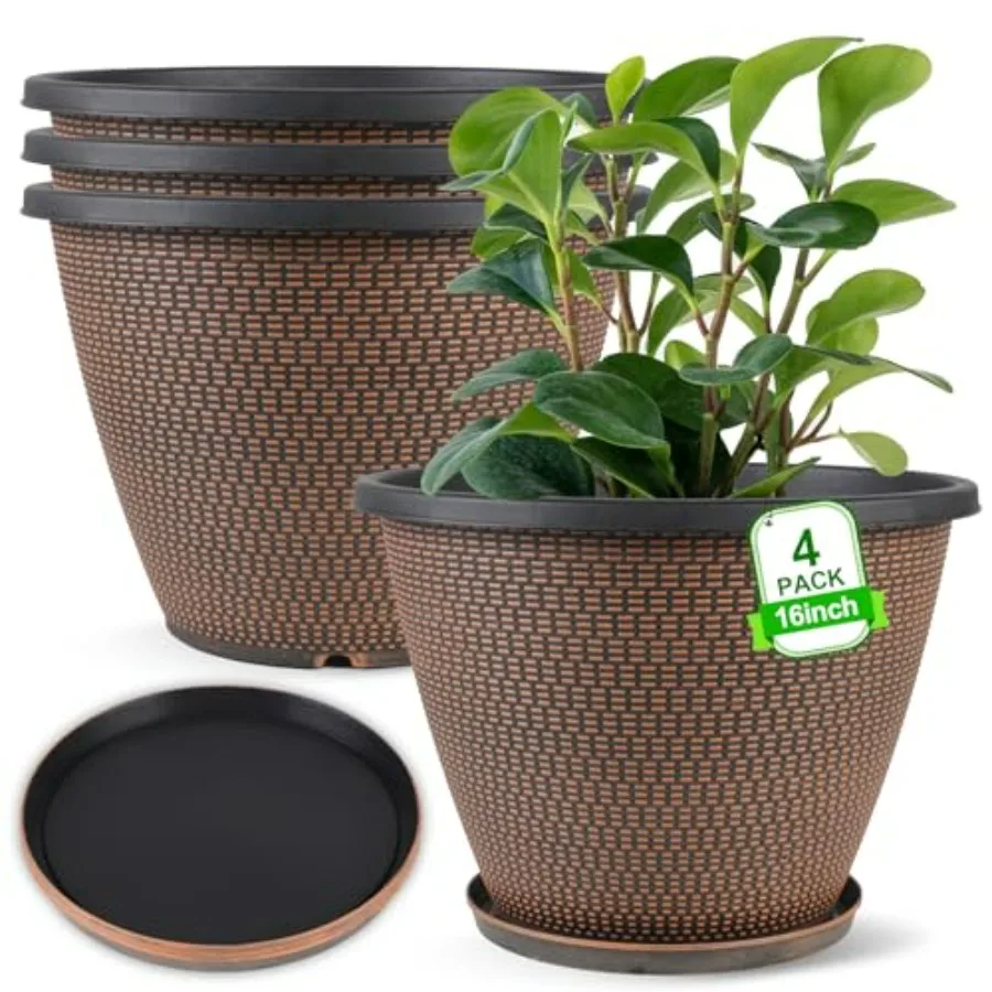 Outdoor plant pots set of 4, 16 inch round plastic planters with drainage holes and trays, black copper finish, modern decorati