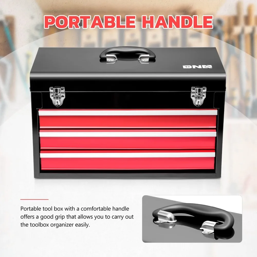 Tragbarer 20-Zoll-Werkzeugkasten aus Stahl mit 3 Schubladen und oberem Stauraum, abschließbaren Riegeln für den Heim- und Werkstattgebrauch