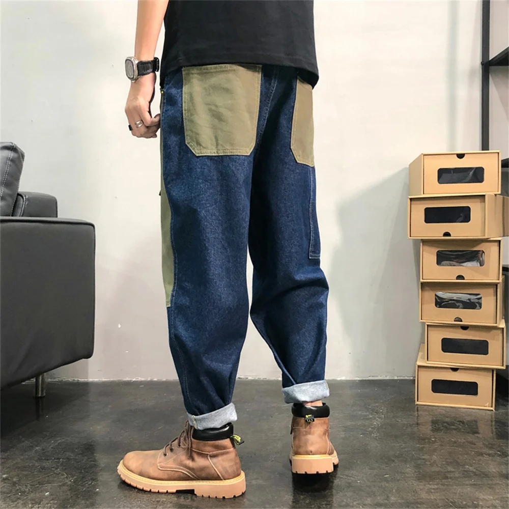 Men Jeans Patchwork Multi-Pocket Couple Denim Pants Beggar Style cargo pants High Street Casual Male Streetwear