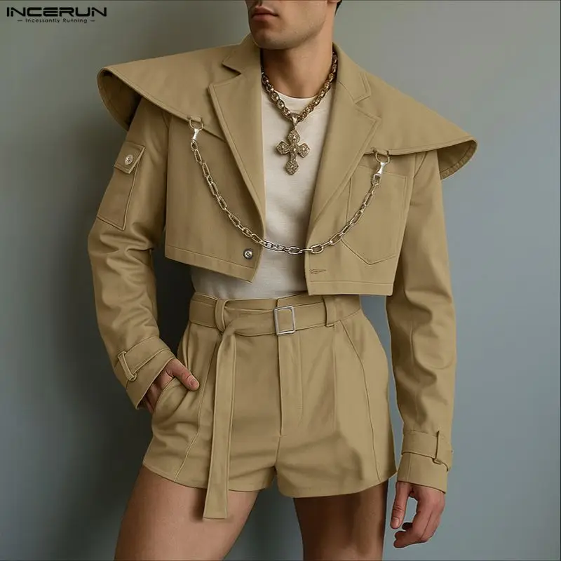 Incerun conjuntos masculinos cor sólida manga longa colheita jaquetas & shorts duas peças define streetwear solto 2025 moda casual ternos masculinos