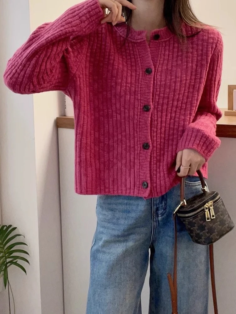 

round Ne Knitted Cardigan Pure Color Camere Sweater Long Sve Women's Faion Commute Sle Autumn Winter New Arrival O...