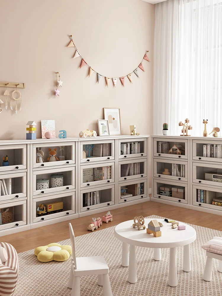 Solid wood children's dustproof bookcase with glass door, living room floor storage cabinet, storage display cabine