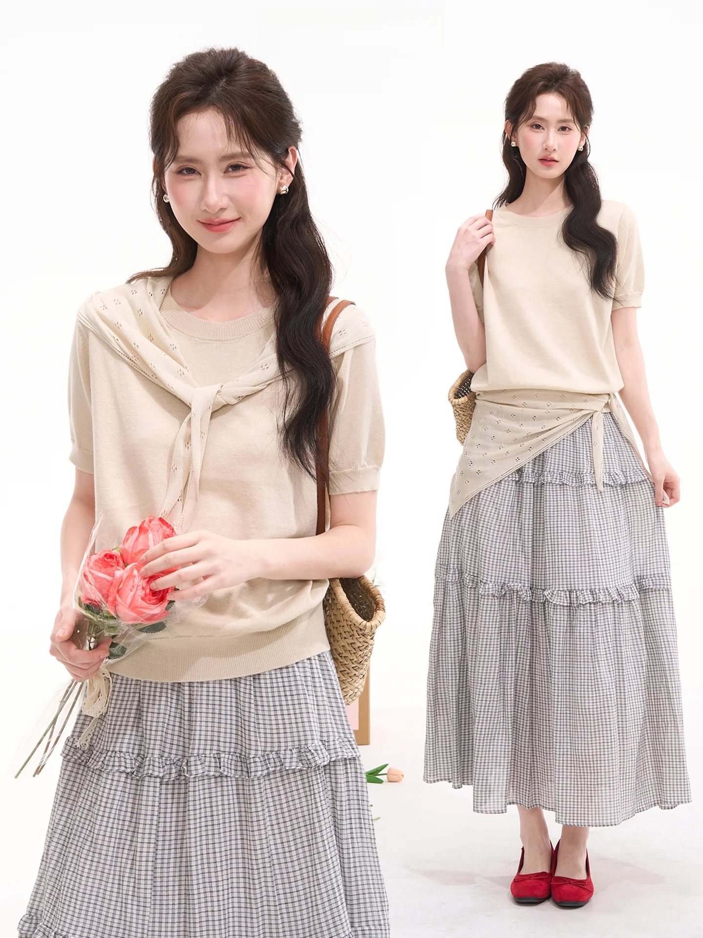 

Heme Caramel Macchiato Korean Style Hollow out Shoulder Wrap Short Sleeve Knitted Top Women Summer Casual Loose Bubble Sleeve