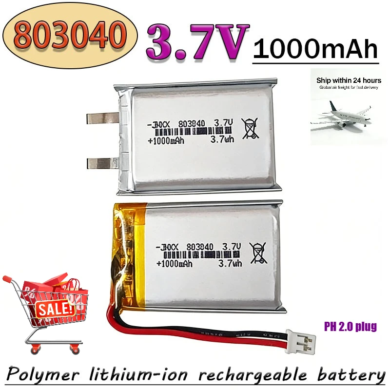 

3.7V 803040 1000mAh LIPO Batteries 803040 Lithium Li-Ion Polymer Battery for Remote Control iPod Bluetooth Speaker GPS