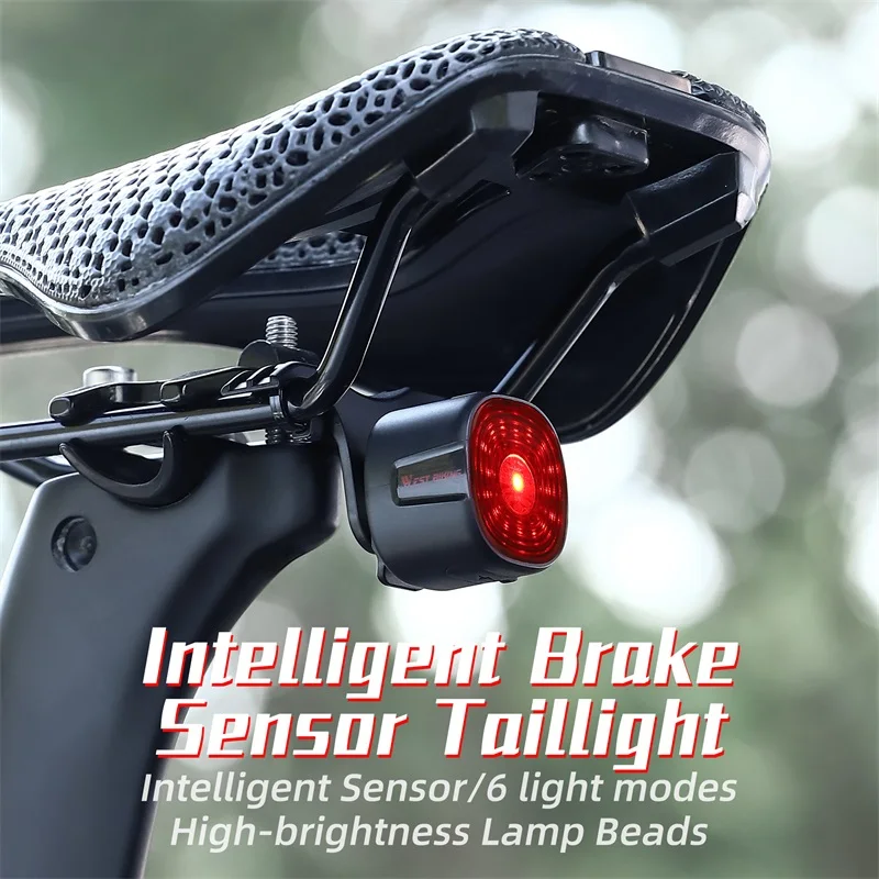 WEST BIKING Smart Bicycle Brake Light IPX6 Taillight Type-C Bike Tail Light Auto Stop LED Riding Warning Safety Cycling Light