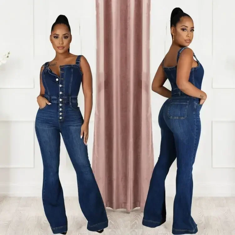 

Women Summer One Piece Sleeveless Slim Denim Jumpsuits High Waist Suspenders Overalls Elegant Party Wide Leg Long Pants Rompers