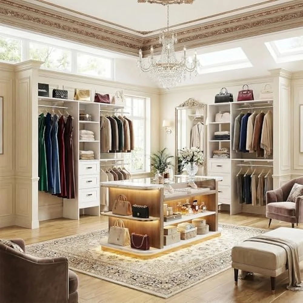 8FT Closet System with 3 Curved Drawers 96'' Wooden Walk in Closet Organizer with 3 Top Shelves Adjustable Organizer