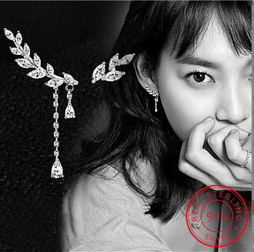 

Серьги из настоящего муассанита, люстра в виде листьев, висячие длинные серьги, серебро 925, серьги-гвоздики для пирсинга для женщин, милые ювелирные изделия в Корейском стиле