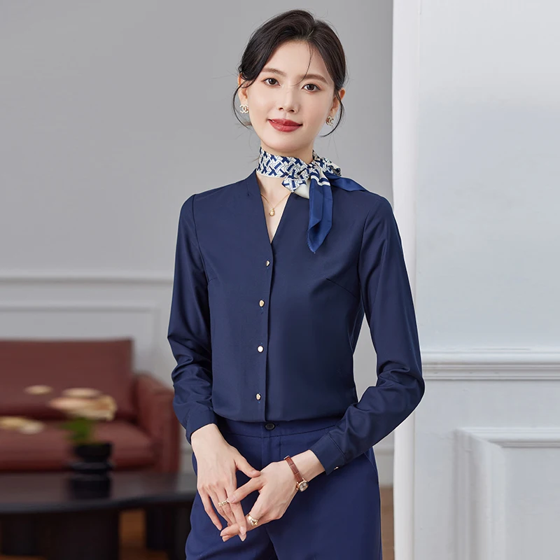 NAVIU 2025 nueva camisa de gasa Lisa Simple para mujer azul marino blanco blusas y Tops de manga larga para mujer blusas de oficina