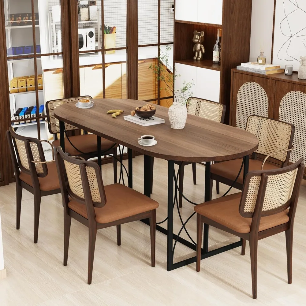 

71inch Modern Oval Dining Table for 6-8, Curved Kitchen Tables with Stylish Metal Legs, Large Industrial Rustic Dinner Table for