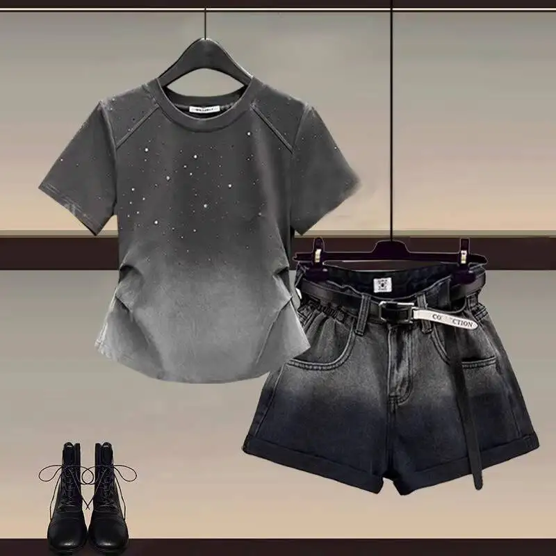 2026 New Summer Women's Casual Fashion Waist Cinched Short Sleeve T Shirt With Unique Design Fashion Denim Shorts For Daily