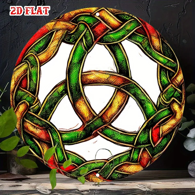2D Flat - A Vintage Round Metal Sign Featuring a Celtic Knot Design in Green And Golden, Perfect for Decorating Cafes, Beach Hou